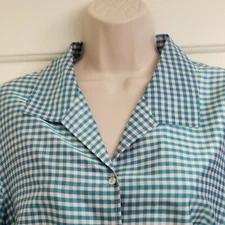 Betu Brand Turquoise Aqua Blue White Checked 100% Silk Shirt Top SZ 14