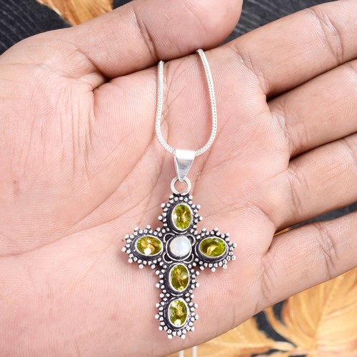 Faceted Peridot & Moonstone Gemstone Jewelry 925 Sterling Silver Cross Pendant - Picture 4 of 8