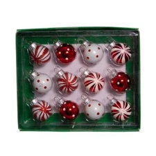 Miniature Red White Glass Ball Ornaments 12 Piece Set for Christmas Decor
