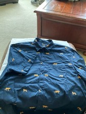 MENS H M LARGE BUTTON UP SHORT LEEVE NAVY SHIRT WITH CHEETAHS