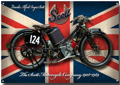 LARGE A3 SIZE SCOTT MOTORCYCLE ENAMELLED METAL SIGN.VINTAGE BRITISH MOTORCYCLE.