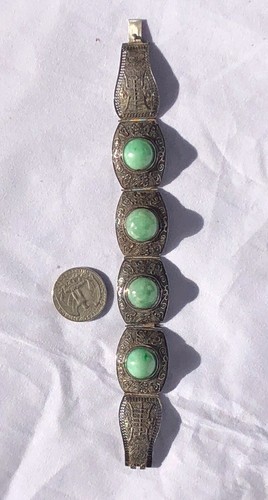 Bracciale antico cinese in argento sterling con 4 grandi giadeite naturale verde 19C - Foto 8 di 12