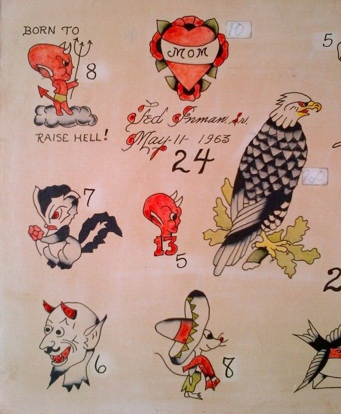 TED INMAN TATTOO LEGEND ORIGINAL VINTAGE 1960s HAND PAINTED TATTOO FLASH  SHEET