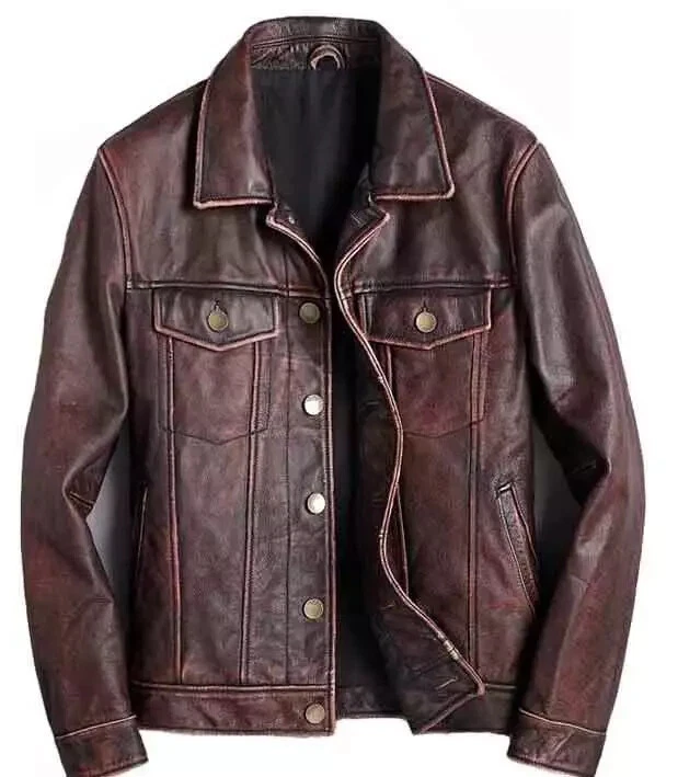 Men's Trucker Brown Real Cowhide Leather Shirt Biker Cafe Racer Vintage Jacket
