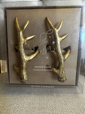 Pottery Barn Gold Finish Antler Napkins Rings Christmas Holiday