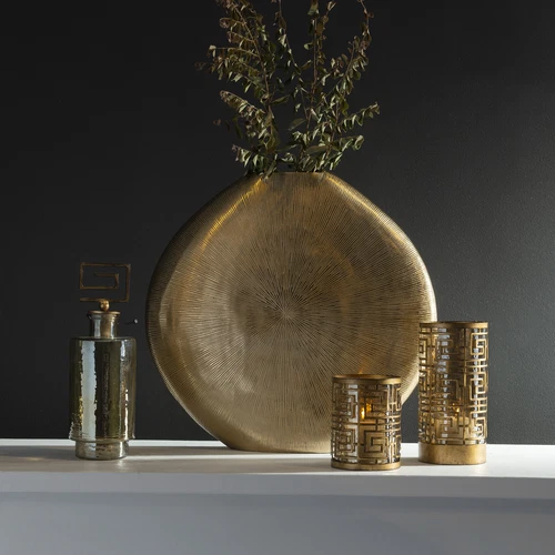 Luxe Large Flat Ribbed Disk Gold Silver Vase | Mid Century Modern Round Oval - Picture 2 of 5