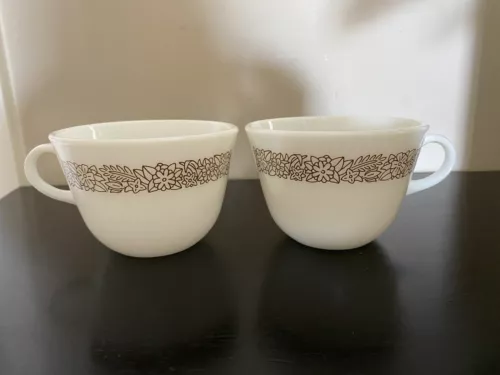 (2) Vintage Pyrex Woodland Brown Floral White Milk Glass Mugs Coffee Tea Cups