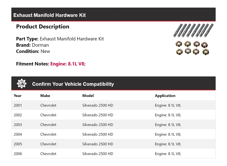 Kit de herrajes colector de escape Dorman 2001-2006 Chevrolet Silverado 2500 HD Foto 2 de 4