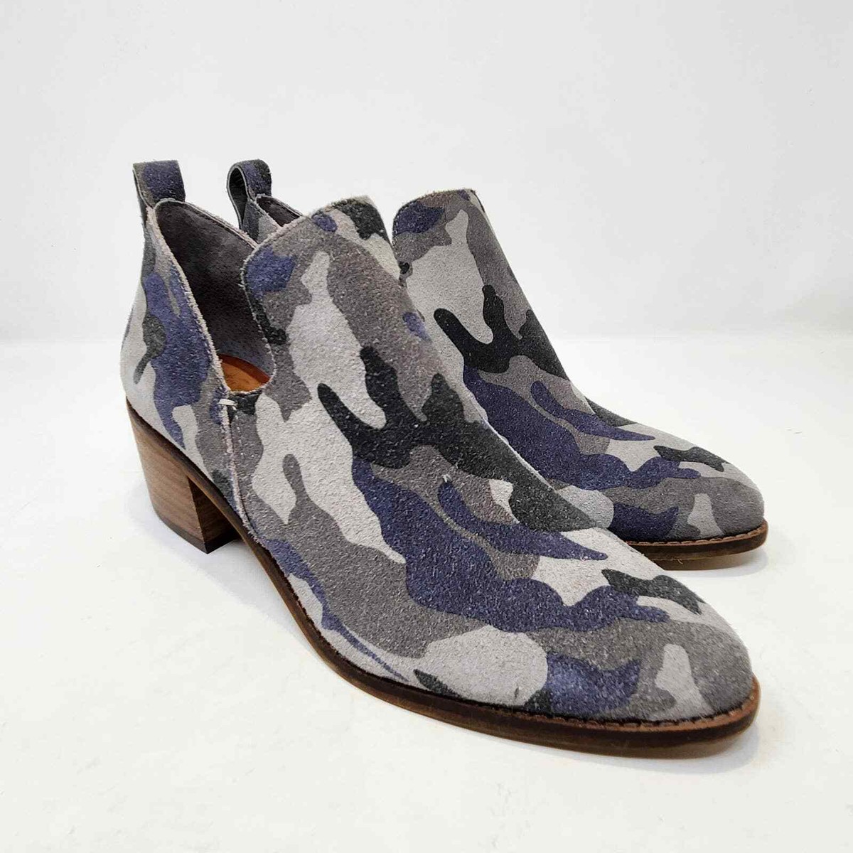 State Idania Blue Gray Camo Leather Ankle Boot Womens M Slip On Shoes