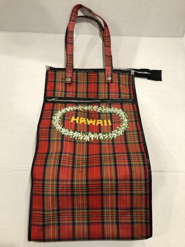 Vintage 1970’s Authentic Hawaii Red Plaid Rolling Wheels Luggage Travel Bag
