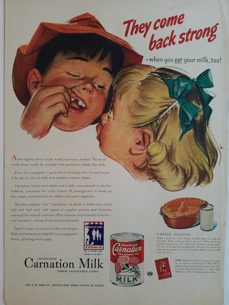 1942 Carnation evaporated milk boy missing tooth they come back 