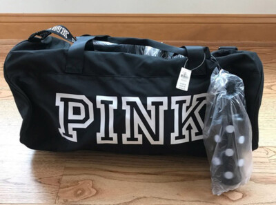 NEW Victoria's Secret Pink Duffle Bag Large Black White Logo VS & Water Bottle