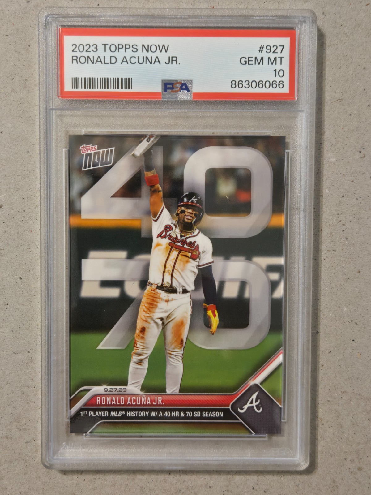 2023 TOPPS NOW RONALD ACUNA JR 40/70 SEASON CARD # 927 GRADED PSA 10 GEM MINT view 1