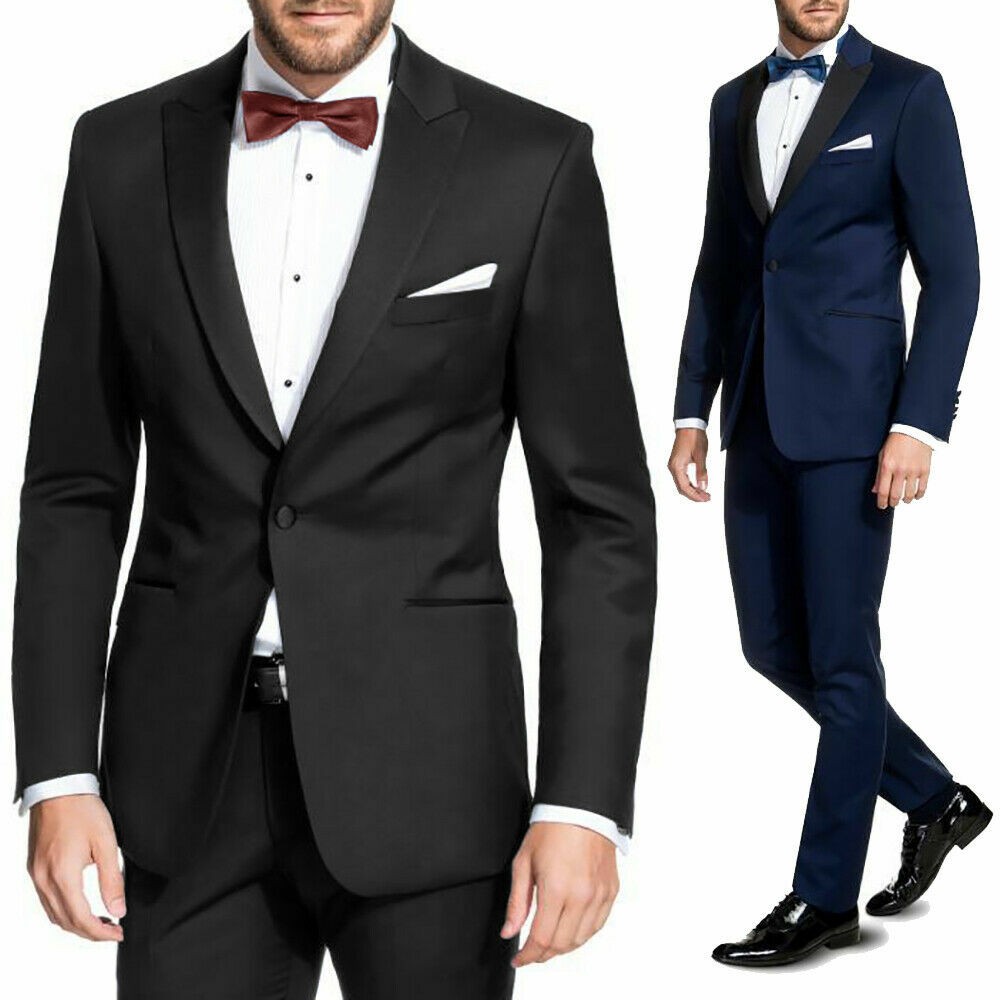 Smoking Hombre Azul Vestido Negro Vestido Elegante Ajuste Ceremonia de...