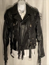Vintage Open Road Fringed Leather Motorcycle Jacket Size 40 Black Biker