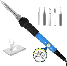 60W Soldering Iron Kit – Adjustable Temp, 5 Tips, Stand, Blue