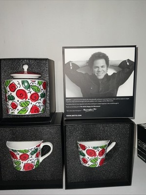 ROMERO BRITTO FINE BONE CHINA NEW DAY & APPLE SERIES 2 CUP & SAUCERS + SUGAR POT