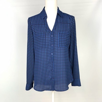 Express Portofino Shirt Size S Blue Geometric Chiffon Career Roll Tab Sleeves