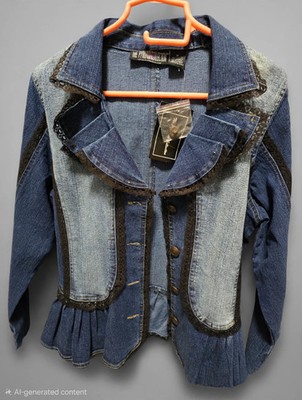 THE PYRAMID COLLECTION -NWT- Denim Lace Ruffle Peplum Jacket Top -Size M