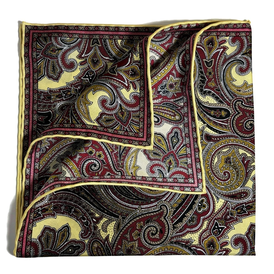 Pañuelo de bolsillo de seda cachemira amarillo crema y borgoña (hecho a mano en Inglaterra) Foto 3 de 4