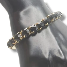Faceted Black Rhinestones Prong Set Gold Tone Metal Stretch Expandable Bracelet