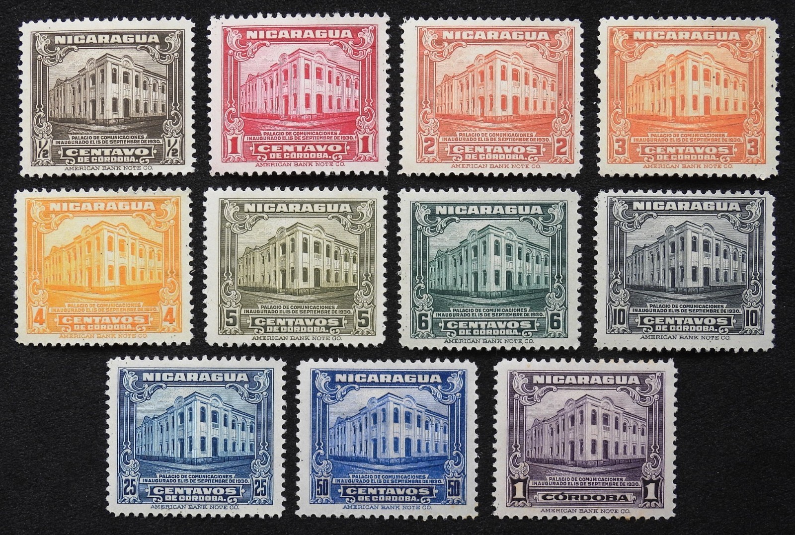 [1722] Nicaragua 1930. Scott # 525-535. New Post Office at Managua. MH
