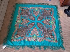 Green Russian Pavlovo Posad Scarf Shawl 100 Wool 57"x57" w Silk Fringe