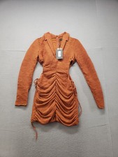 PrettyLittleThing Women Mini Dress 2 Orange V Neck Zip Ruched Tie Details Party