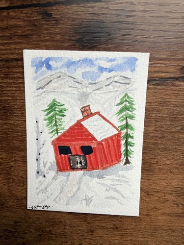 ACEO signed Original  Red cabin In Snowy Mountains  watercolor painting 2.5x3.5.