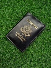 Vegan Leather US Passport Holder   Bifold Black Travel Wallet