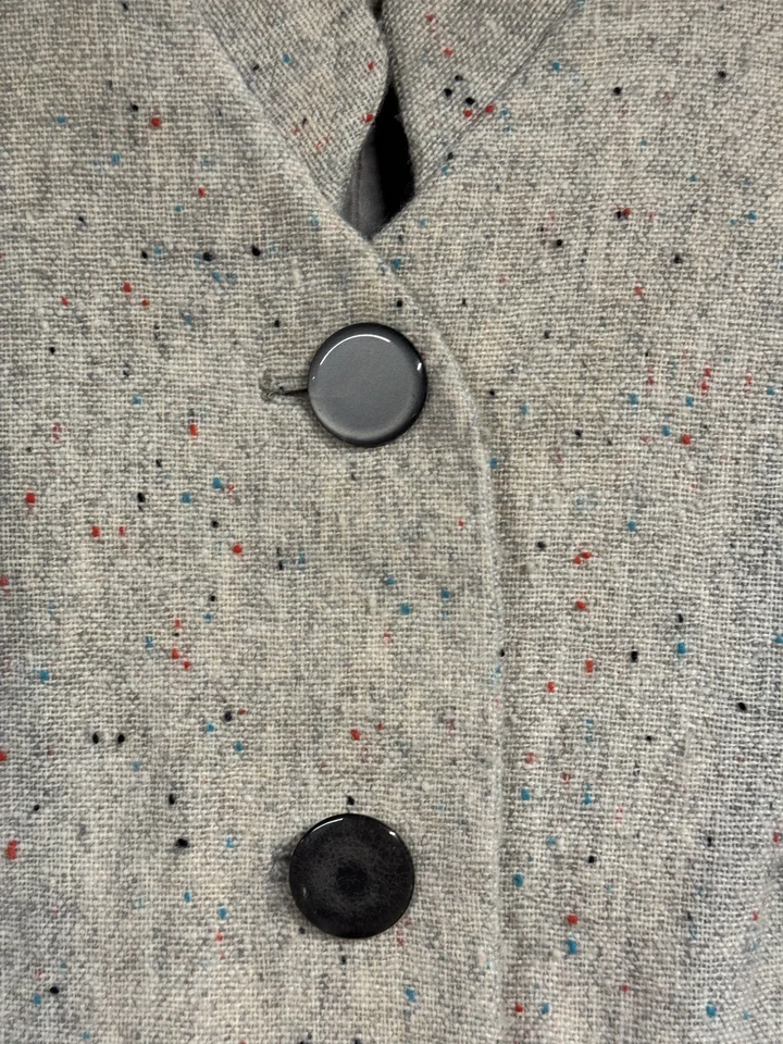 De colección 1950 Gris Lana Arco Iris Manchado Tweed Columpio Chaqueta Larga Abrigo Pin Up Pequeño Foto 2 de 4