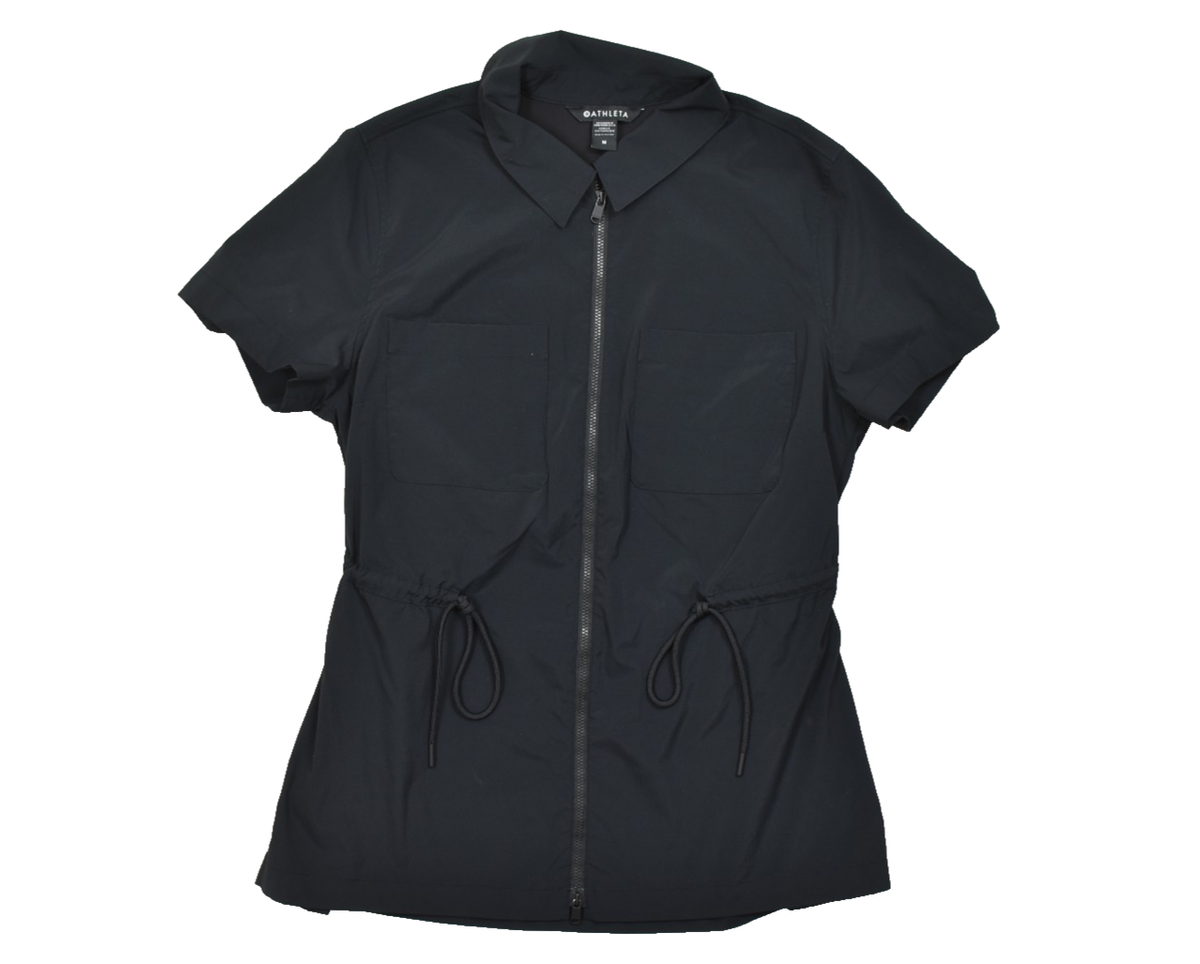 Athleta Black Zip Up Short Sleeve Utility Top Shirt Drawstring