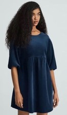Everlane Navy Blue Corduroy Babydoll Mini Dress Puff Sleeve Scoop Back Pockets
