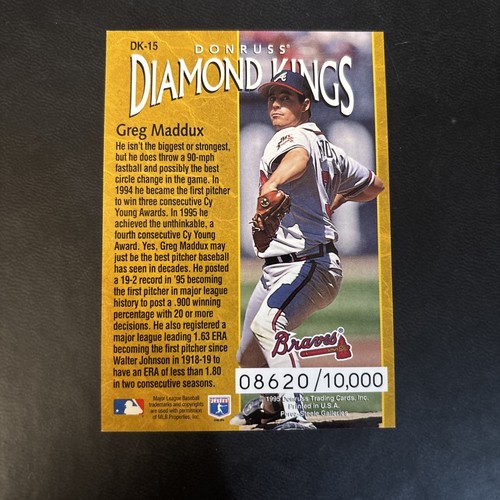 1996 Donruss - Diamond Kings Greg Maddux #DK-15 /10000 - Picture 2 of 2