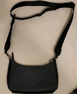 DKNY Shoulder Bag Denim Blue Black Detachable Strap Zipper Inner Pockets Women