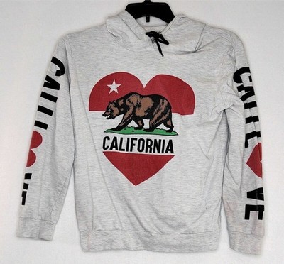 On Fire Womens Sweater Hooded Size XL Gray California Love Bear Stains