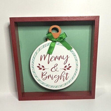 Merry  Bright Christmas Wood Sign Freestanding Table Tiered Tray Plaque D cor