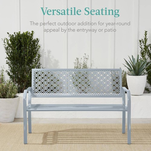 2-Person Light Gray Blue Metal Outdoor Geometric Garden Bench - Picture 5 of 7
