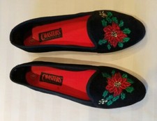 Christmas Slippers, Black Velour with Embroidery, Women s Size 6