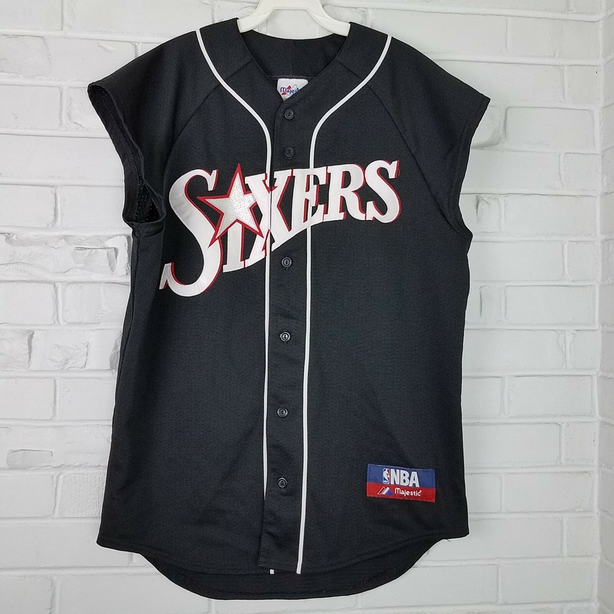 Majestic 76Sixers ユニフォーム バスケ ジャージ Majestic NBA Philly Sixers Black Jersey Vintage Embroidered Button
