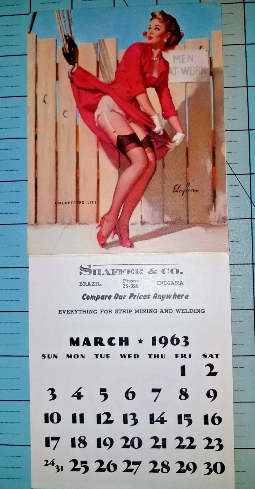 Pinup Calendar Gil Elvgren "Unexpected Lift" March 1963 Dipsy Doodles  Shaffer – Go Auto Van