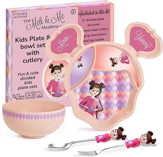 Meli & Me Kids Plate and Bowl Set w/Singing Utensils Microwave Dishwasher Safe