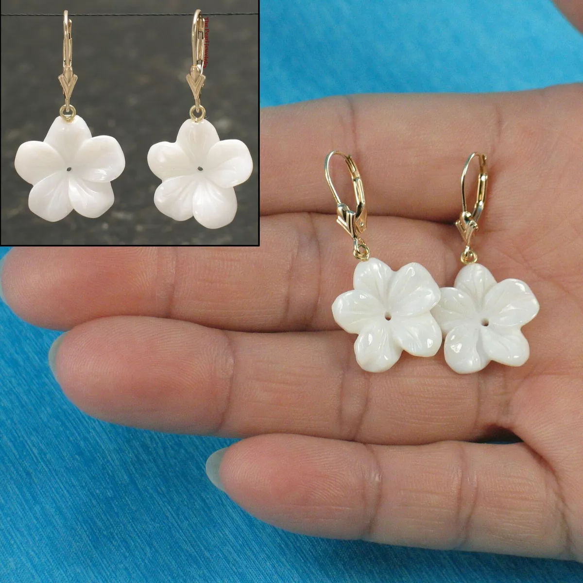 17 mm Plumeria Mother of Pearl 14kt Yellow Gold Leverback Dangle