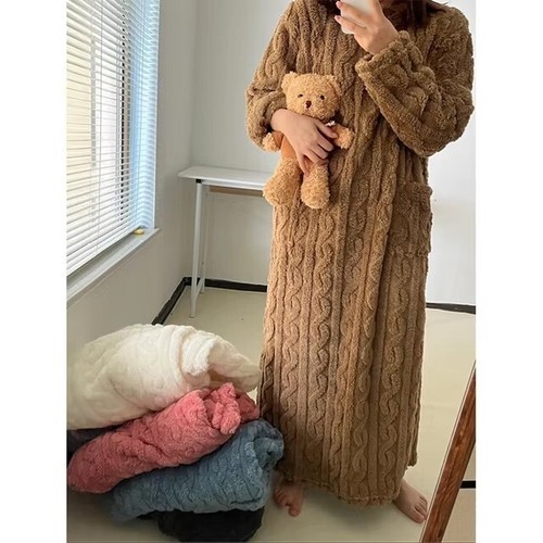 Winter Flannel Nightgowns Women Loose Sleepwear Jacquard Night Dress Thickened - Picture 4 of 22