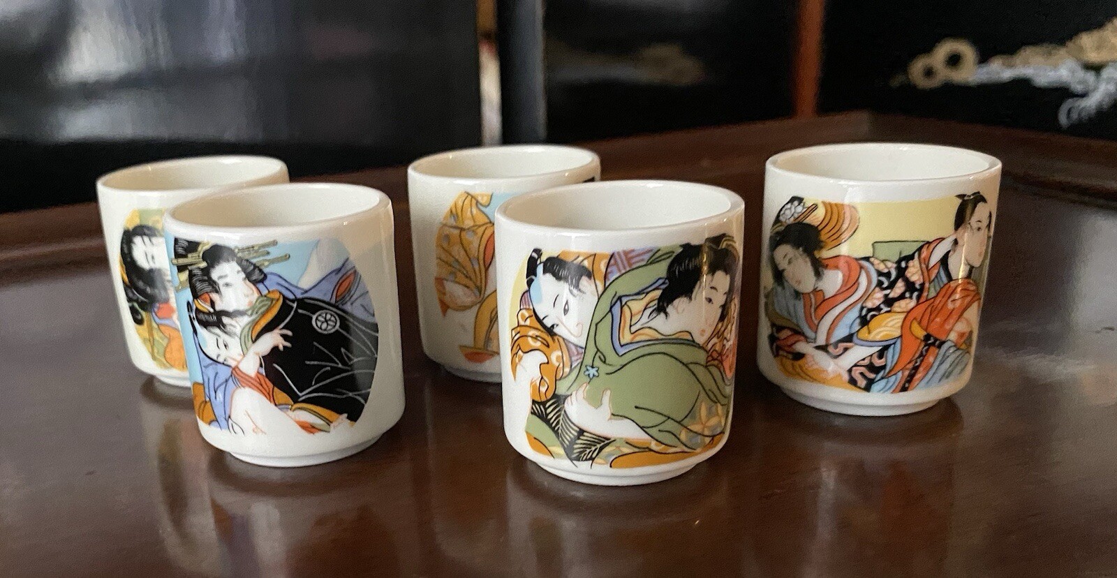 Ceramic Transfer ware Sake Or Tea Cups Set Of 5