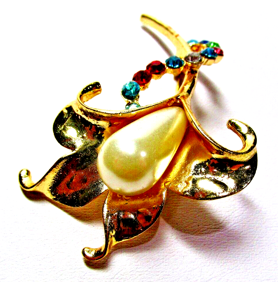 Gold Tone White Pearl Lily Flower Blue & Red Crystal Pin