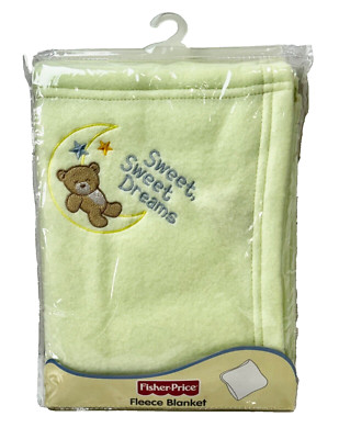 Fisher Price Baby Blanket Yellow Sweet Dreams Bear Embroidery 30x40 2008