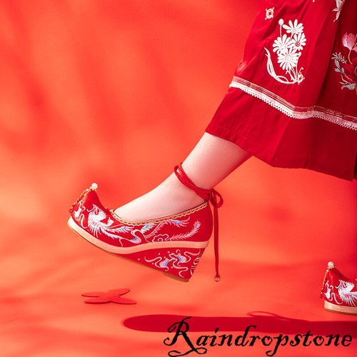 Chinese Embroidered Phoenix Flower Cloth Shoes Ancient Wedding Shoes High Heel - Picture 7 of 11