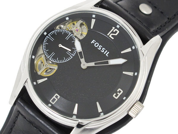 NEW FOSSIL BLACK LEATHER CUFF BAND,SILVER TONE AUTOMATIC