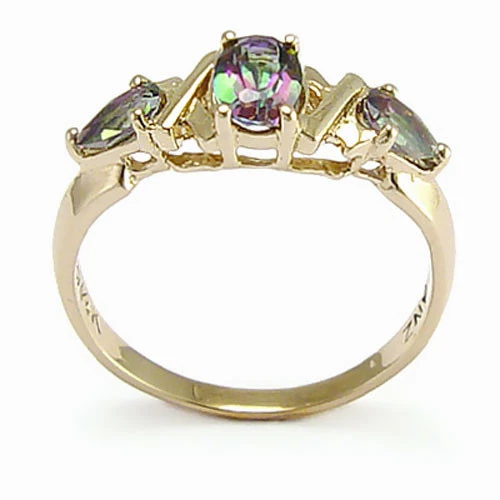 Anillo de topacio verde de tres piedras de oro amarillo macizo de 14k #R443 Foto 3 de 4